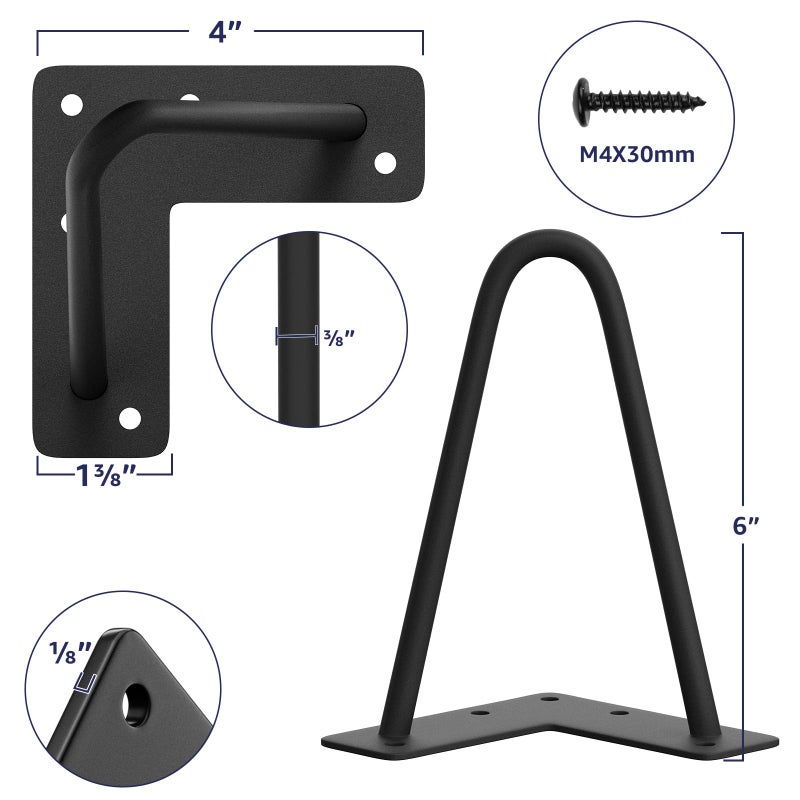 SMARTSTANDARD 6 Inch Heavy Duty Hairpin Furniture Legs, Metal Home DIY Projects for TV Stand, Sofa, Cabinet, etc with Rubber Floor Protectors Black 4PCS - Image 2